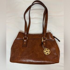 Bueno Brown Leather-Effect Shoulder Bag with Gold Charm